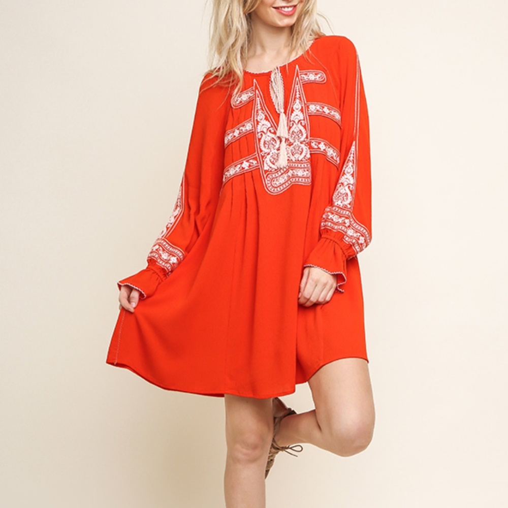 NWT, Umgee Embroidered Keyhole Dress with Tassel